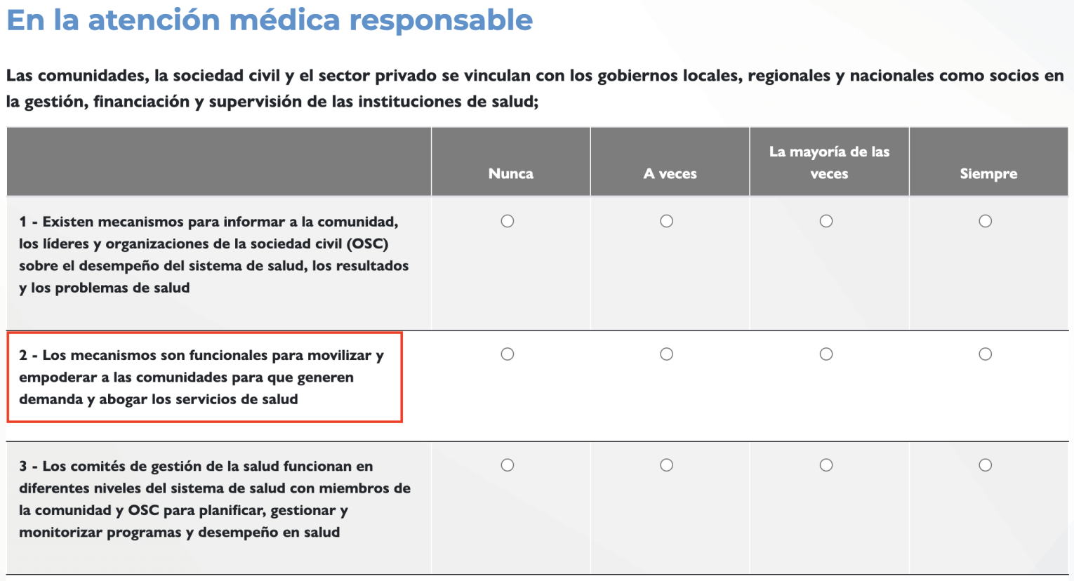 Screenshot of the HPHC tool in which the second question in the first subdomain in the Accountable domain has been circled